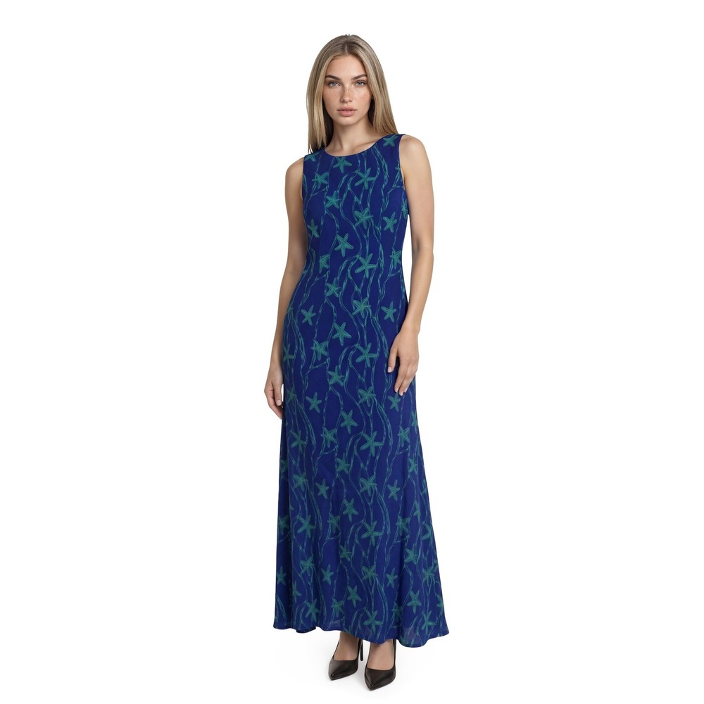 Vintage R&K Originals Starfish Sheath Maxi Dress Women's Size 10 Blue Nautical